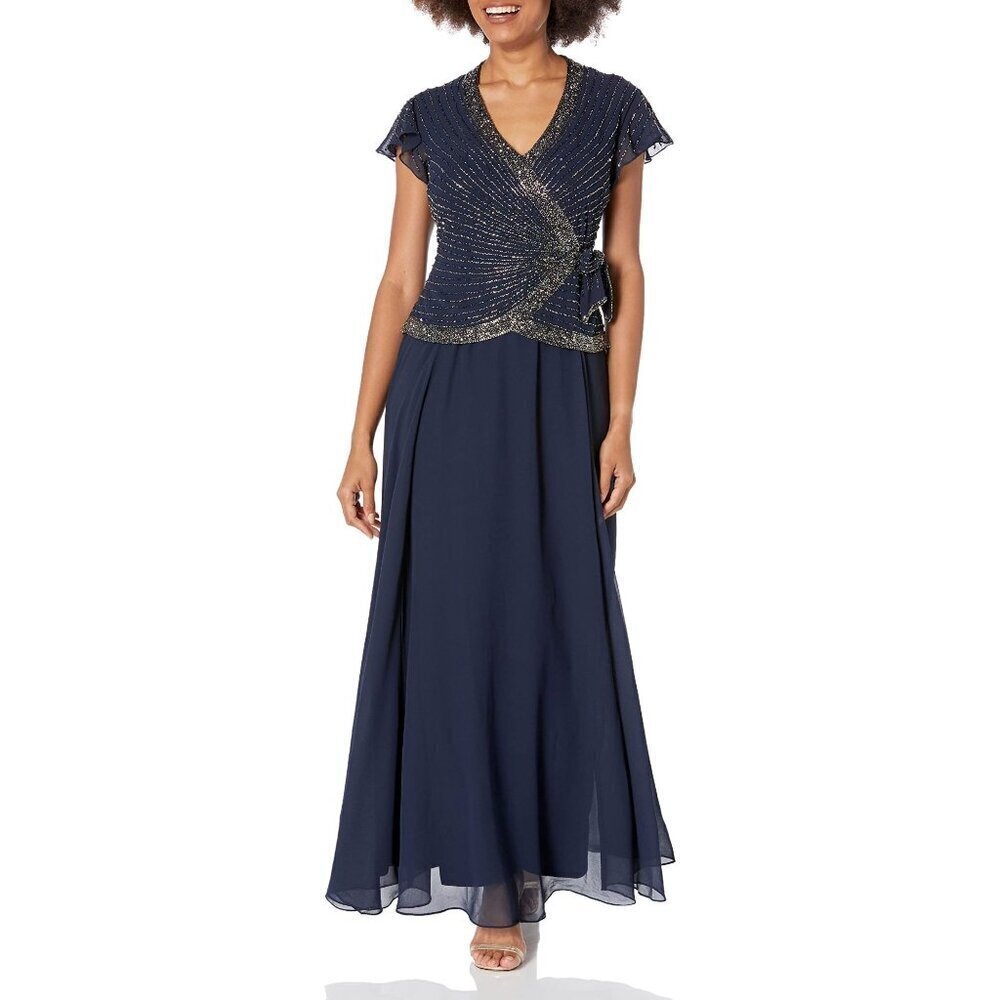 J Kara Women's 10 Petite Short Sleeve V Neck Faux Wrap Long Dress, Navy